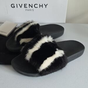 GIVENCHY | black and white mink fur flat slide sandals sz 40